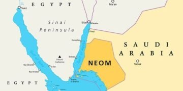 A image of the middle east, with a focus on Saudi Arabia and the NEOM futuristic city