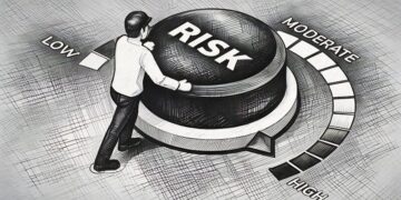 A carton man moving a dial with the word risk on it, showing that risk can be adjusted