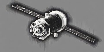 A grey and black photo of a satellite model
