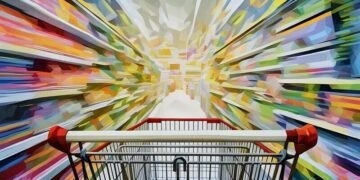 A trolley flying through a supermarket isle filled with products