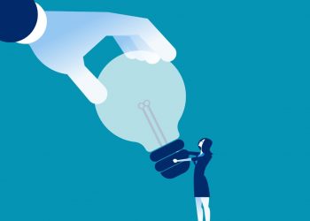 A female entrepreneur trying to hold onto a lightbuld (representing her ideas and inventions) whilst a giant hand tries to steal away what is her intellectual property