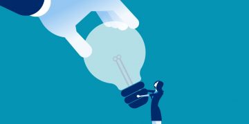 A female entrepreneur trying to hold onto a lightbuld (representing her ideas and inventions) whilst a giant hand tries to steal away what is her intellectual property