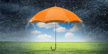 An orange umbrella protecting a patch of gross from main, symbolising how trade credit insurance can protect a business