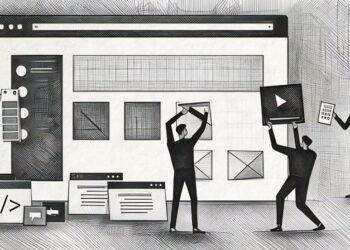 A group of web designers constructing a website using different website design features and development techniques