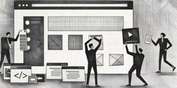 A group of web designers constructing a website using different website design features and development techniques