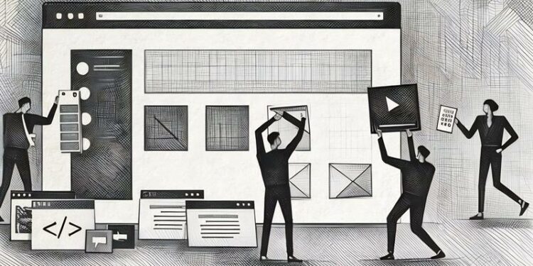 A group of web designers constructing a website using different website design features and development techniques