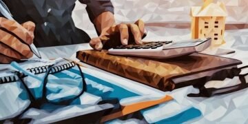 Business owner surrounded by tax paperwork and doing business tax calculations for the annual accounts
