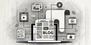A laptop screen with a series of digital publishing tools coming out of the screen and the word blog showing onscreen