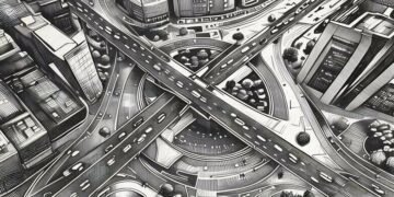 A higway junction and roundabout with traffic flowing through