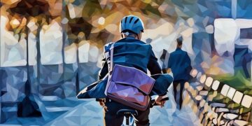 A man with a bag cycling to work in a busy street (wearing a helment)
