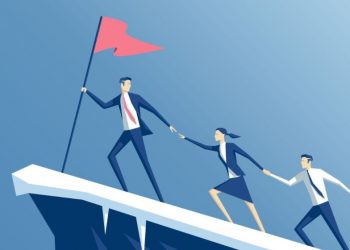 A leader reaching the flag at a top of a mountain and offering his hand to his team to bring them up the mountain too, showing great leadership qualities