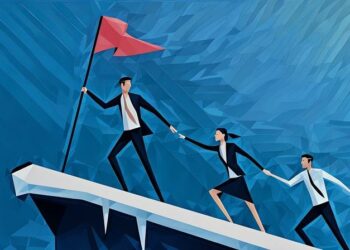 A leader reaching the flag at a top of a mountain and offering his hand to his team to bring them up the mountain too, showing great leadership qualities