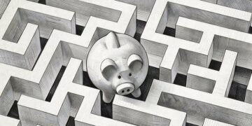 A piggy bank in the middle of a maze showing how difficult it can be to find funding for your business