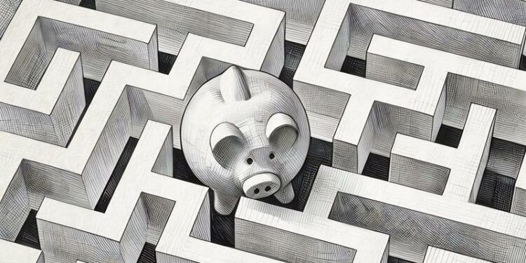 A piggy bank in the middle of a maze showing how difficult it can be to find funding for your business