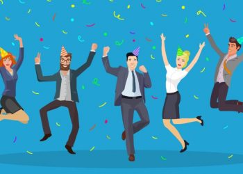 Office workers jumping in the air celebtraing because their morale and productivity is improving