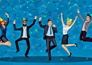 Office workers jumping in the air celebtraing because their morale and productivity is improving