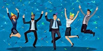 Office workers jumping in the air celebtraing because their morale and productivity is improving