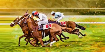 A horse race, with a jockey edging his horse ahead at the finish line, demonstrating success in business