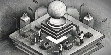 A series of minature workers using computers to work around a globe, carrying out testing and analytics work