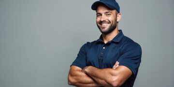 A male blue-collar worker with a hat, standing arms crossed facing the camera smiling