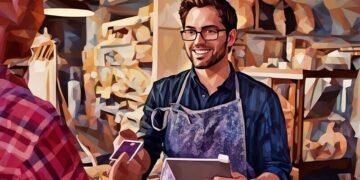 Entrepreneur interacting with a customer at his shop