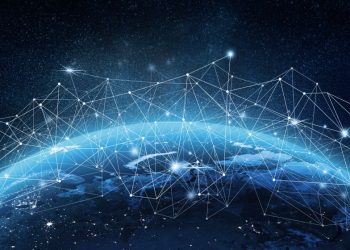 Circumference of the earth from space with line sand interconnected dots touching each continent representing global business domination