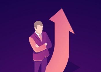 An entrepreneur stood next to an upwards arrow symbolsing growth as the result of growth hacking