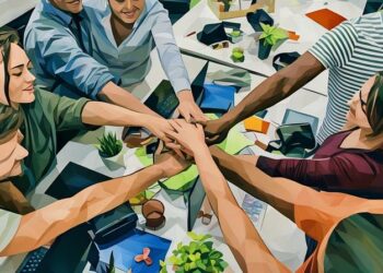 A group of start-up interns fist bumping at a silicon valley start-up
