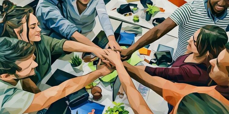 A group of start-up interns fist bumping at a silicon valley start-up