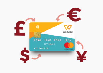 A WeSwap currency card with symbols for different currencies feeding in showing WeSwap as a new kind of foreign exchange company