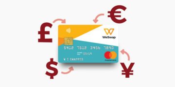 A WeSwap currency card with symbols for different currencies feeding in showing WeSwap as a new kind of foreign exchange company