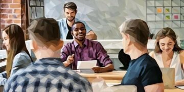 Group of colleagues smiling and laughing after one has said something funny in the office, symbolising a positive work culture and environment