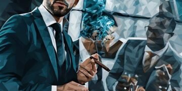 Wealthy business people smoking cigars and networking