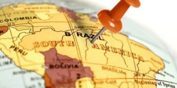 Brazil on a geographic map with a pin in it