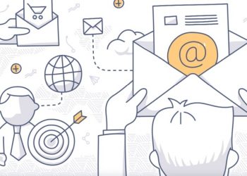 A cartoon man opening a letter disguised as an email with email marketing symbols around