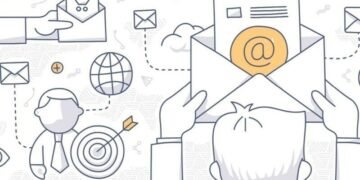 A cartoon man opening a letter disguised as an email with email marketing symbols around