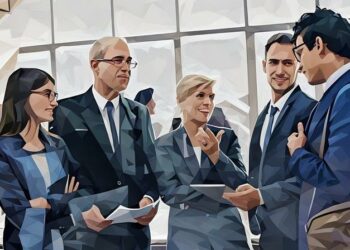 A group of conference goers networking and building social capital to easily access decision makers in each others organisations