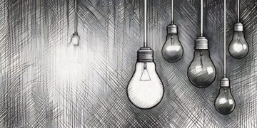 A series of lightbulbs dropping down from the cealing with one lit- showing how great ideas are rare and need to be found