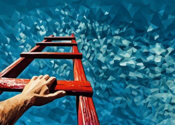 A mans hand grabbing the next rung of a ladder to nowhere as a metaphor for trying to understand his motivational drivers