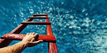 A mans hand grabbing the next rung of a ladder to nowhere as a metaphor for trying to understand his motivational drivers