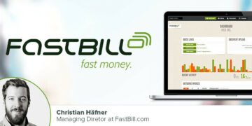 Headshot of Christian Hafner with his companies logo in the background and example of software dashboard