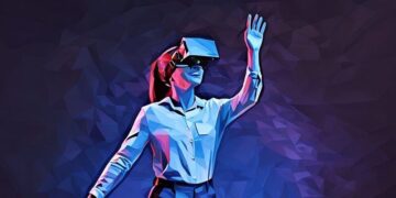 A women interacting with air as she uses a set of VR glasses to reduce stress by exploring a digital world