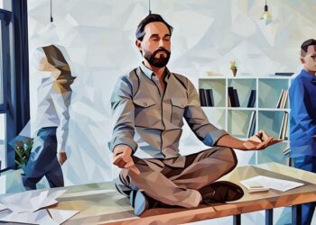 Sitting on a desk a businessman is mediating in the middle of the work day to recover focus