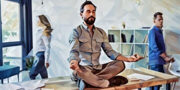 Sitting on a desk a businessman is mediating in the middle of the work day to recover focus