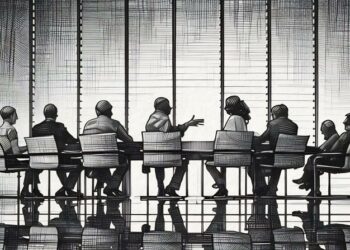 Team around conference table at office building discussing corporate venture deal