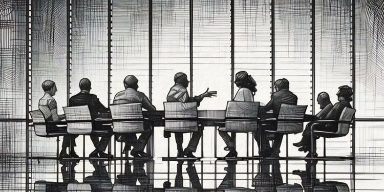 Team around conference table at office building discussing corporate venture deal