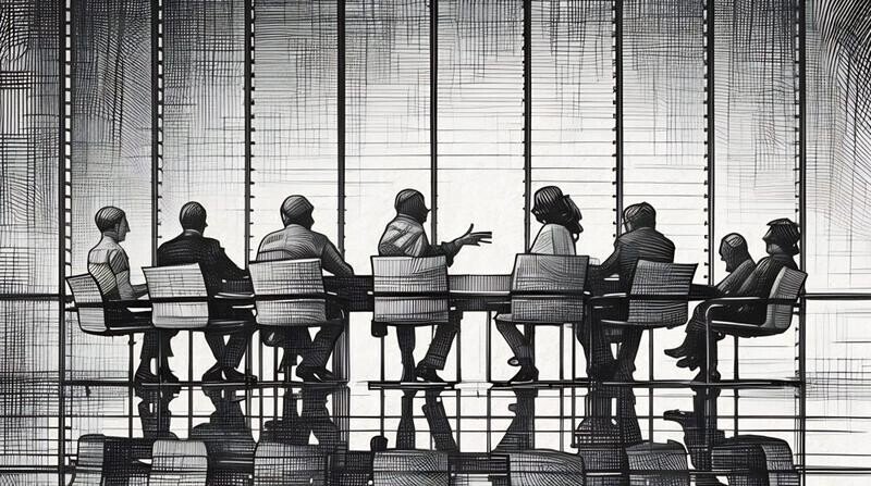 Team around conference table at office building discussing corporate venture deal