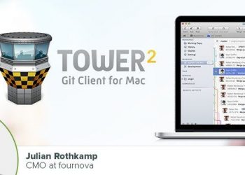 CMO at Fournova Julian Rothkamp headshot on a grpahic with startup Tower2 logo and a laptop in the background running the software as an example