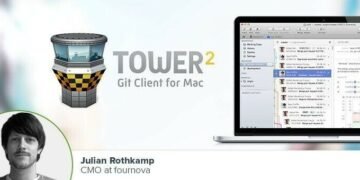CMO at Fournova Julian Rothkamp headshot on a grpahic with startup Tower2 logo and a laptop in the background running the software as an example
