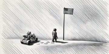 A spaceman walking towards the american flag on the moon